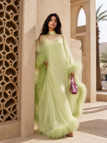 Elegant Feather Trim Sheer Chiffon Cape Maxi Dress