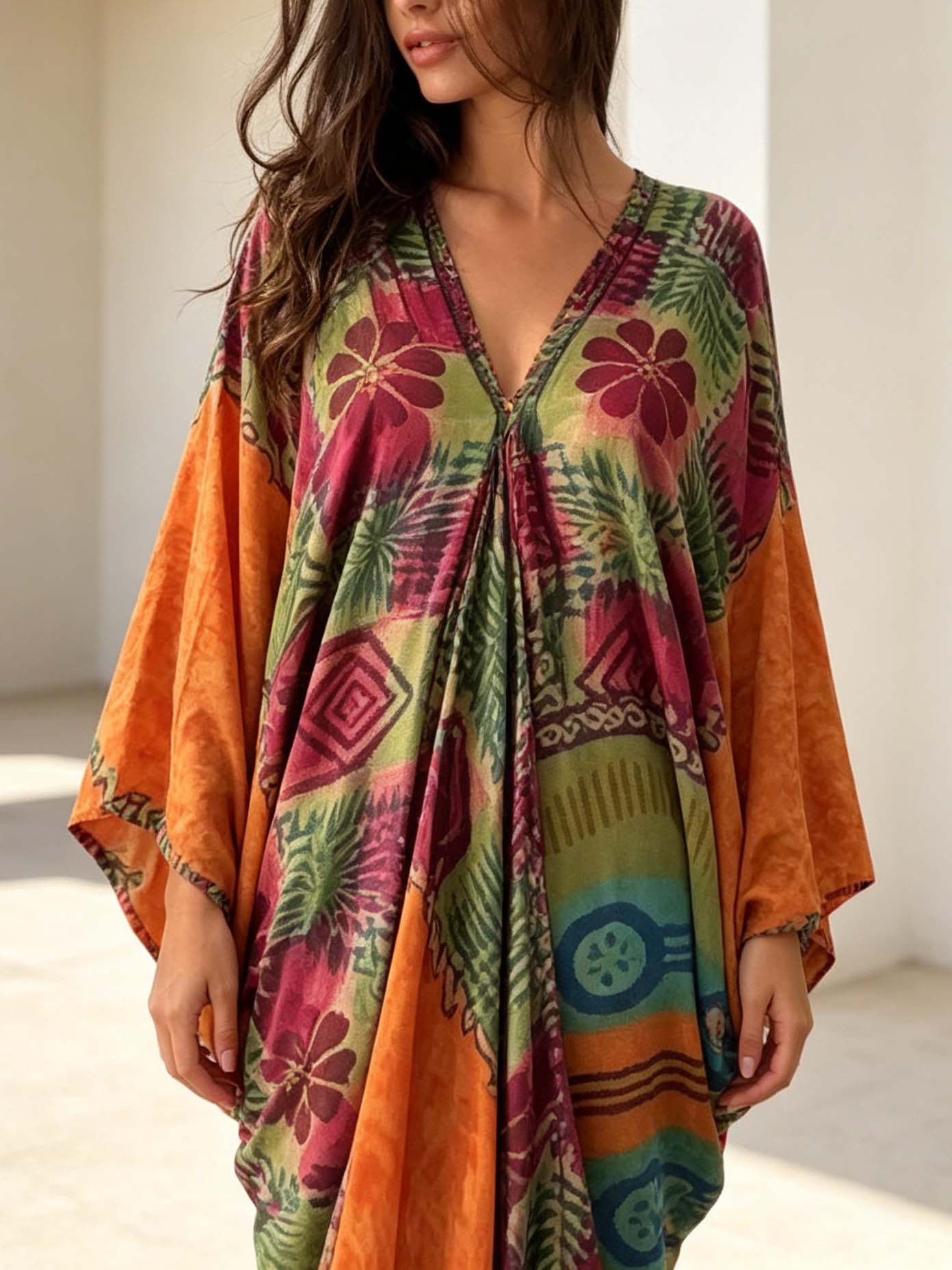 Retro Bohemian Floral Print V-Neck Kaftan Maxi Dress