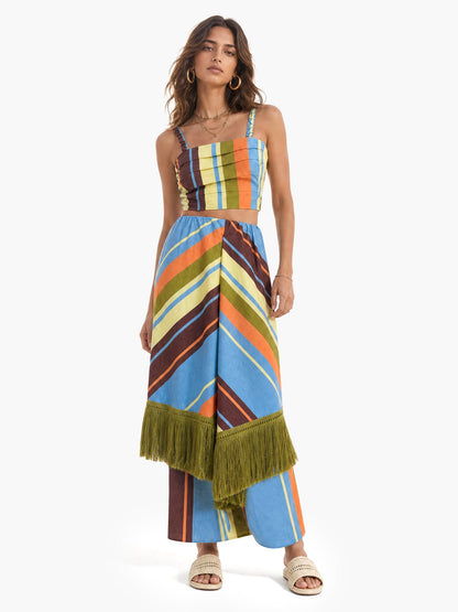 Colorful Striped Crop Top & Fringe Skirt Two-Piece Set