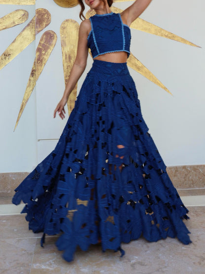Elegant Floral Lace Cutout Crop Top & Skirt Two-Piece Set