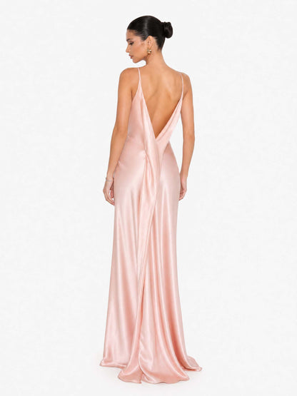 Elegant Satin Backless Cowl Back Maxi Dress