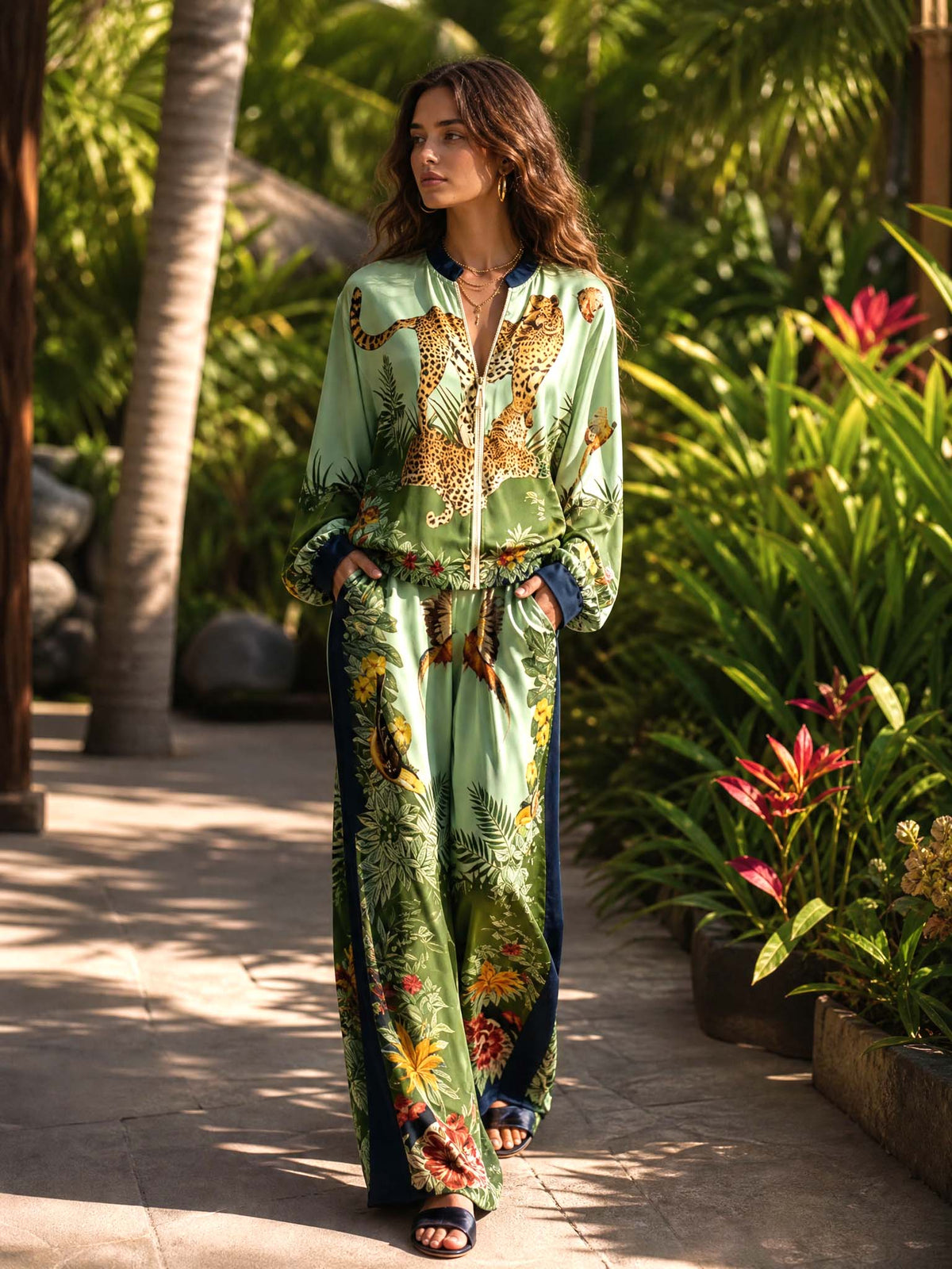 Exotic Jungle Print Zip-Up Long Sleeve Shirt