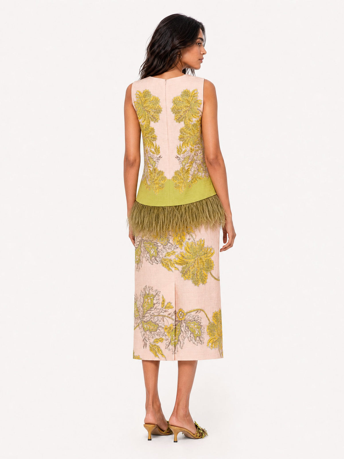 Feather Trim Top & Midi Skirt Two-Piece Set
