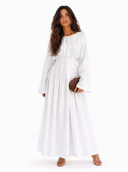 Elegant Pleated Long Sleeve Pocket Maxi Dress