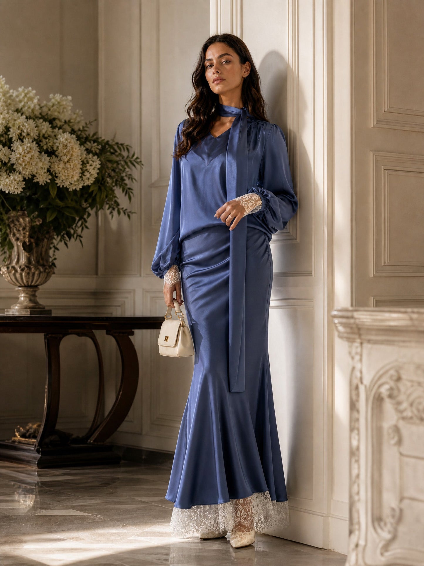 Elegant Puff Sleeve Satin Top & Lace Trim Maxi Skirt Two-Piece Set
