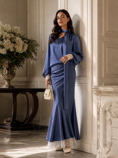 Elegant Puff Sleeve Satin Top & Lace Trim Maxi Skirt Two-Piece Set