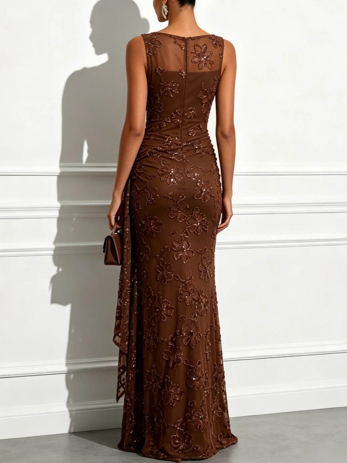 Elegant Floral Embroidered Mesh Ruched Maxi Dress
