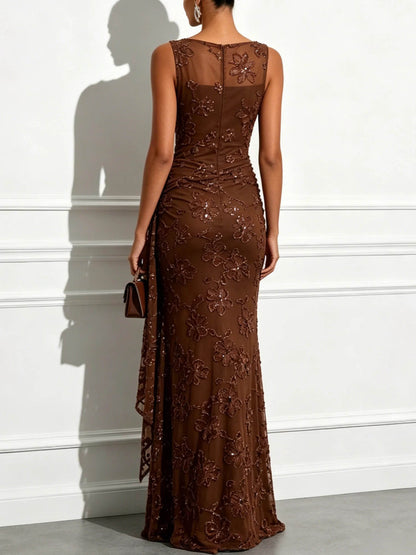Elegant Floral Embroidered Mesh Ruched Maxi Dress