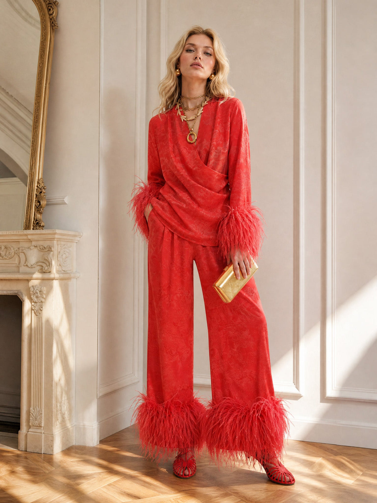 Elegant Feather Trim Jacquard Wrap Blouse & Pants Two-Piece Set