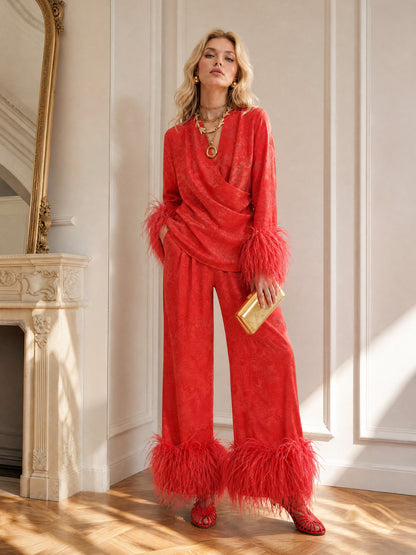 Elegant Feather Trim Jacquard Wrap Blouse & Pants Two-Piece Set