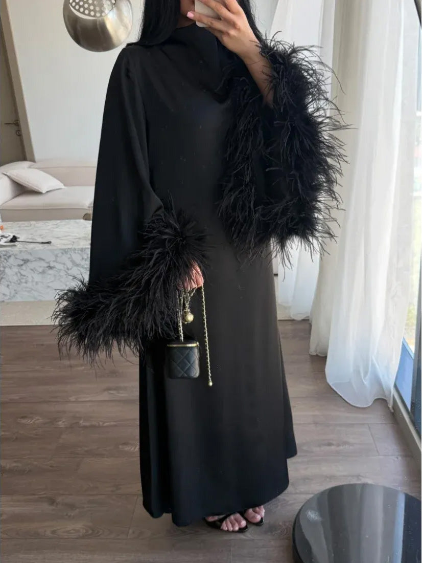 Elegant Feather-Trim Batwing Sleeve Maxi Dress