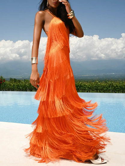 Elegant One-Shoulder Backless Tiered Fringe Maxi Dress