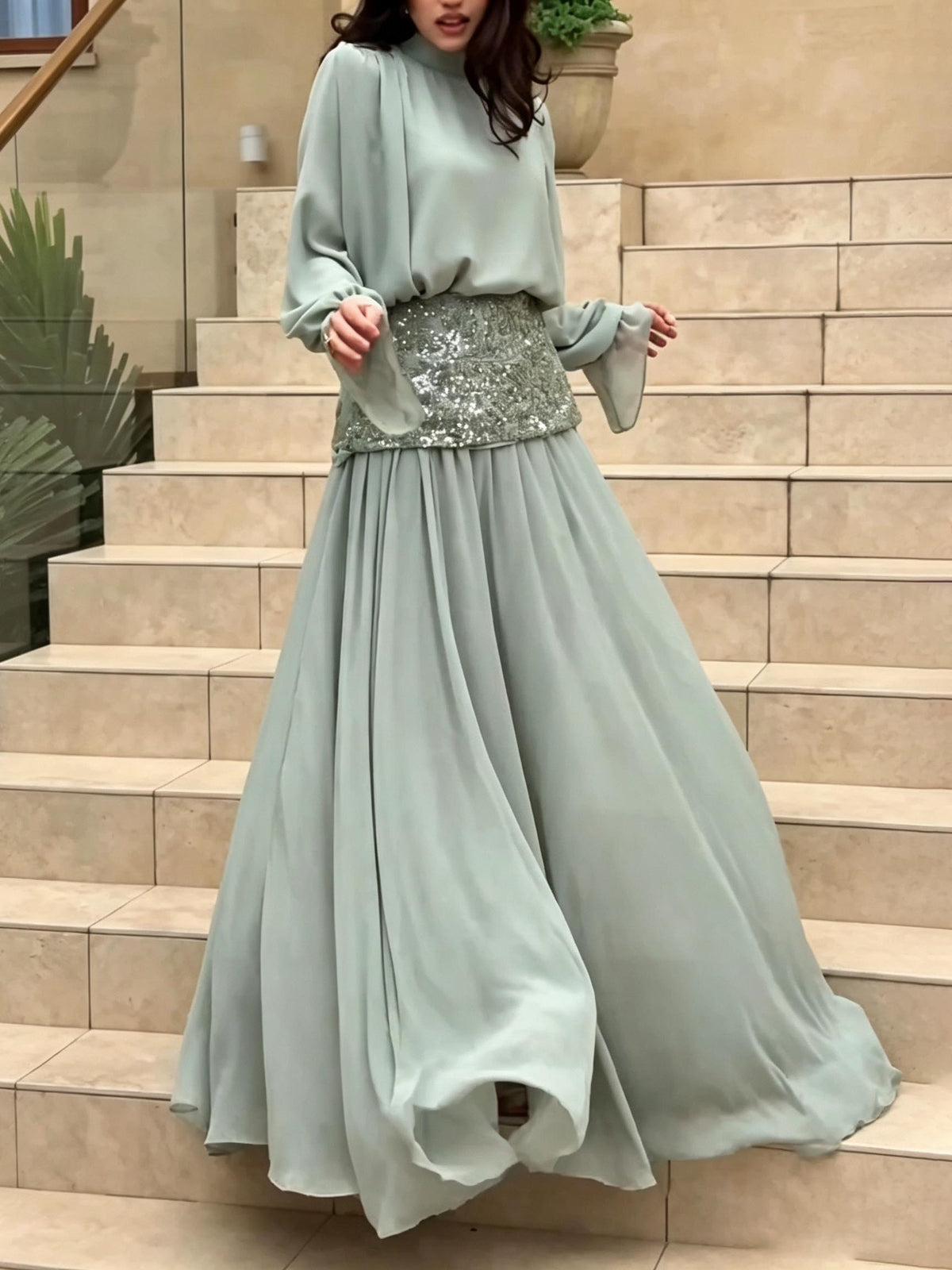 Elegant Chiffon Mock Neck Top & Flowy Maxi Skirt Two-Piece Set