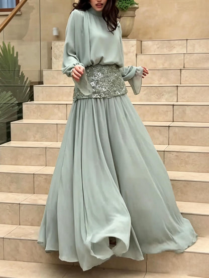 Elegant Chiffon Mock Neck Top & Flowy Maxi Skirt Two-Piece Set