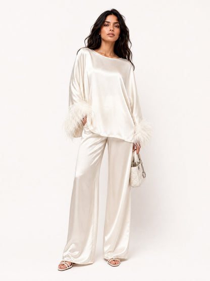Elegant Feather-Trim Batwing Top & Pants Two-Piece Set