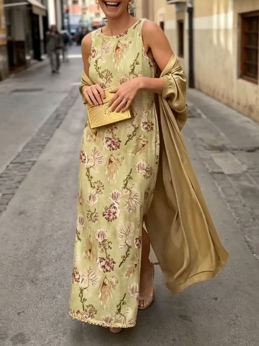 Elegant Botanical Print Sleeveless Midi Dress Two-Piece Set