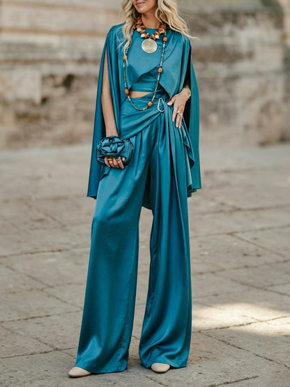 Elegant Cape Top & Draped Wide-Leg Pants Two-Piece Set