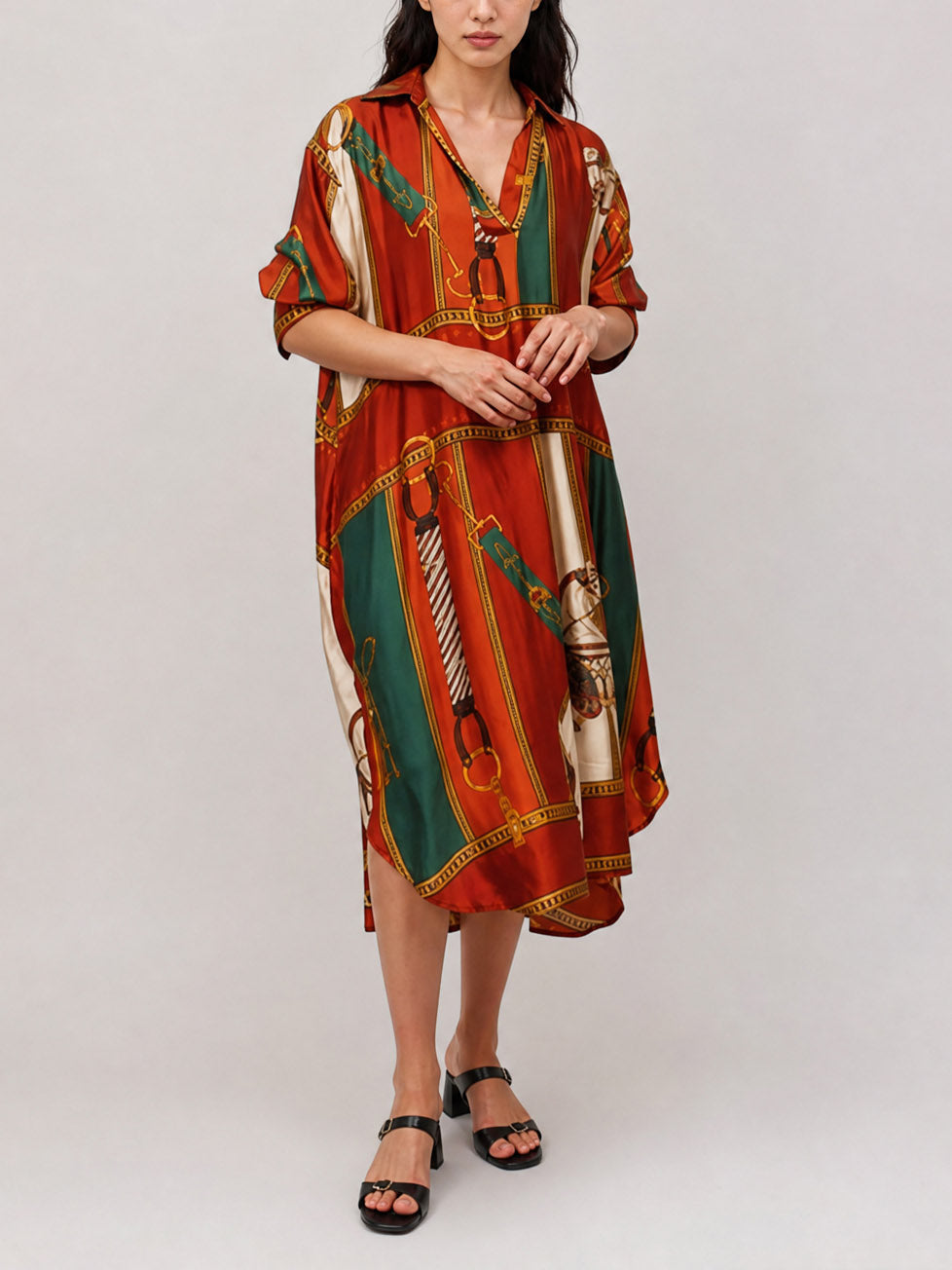 Retro Equestrian Print Shirt Midi Dress