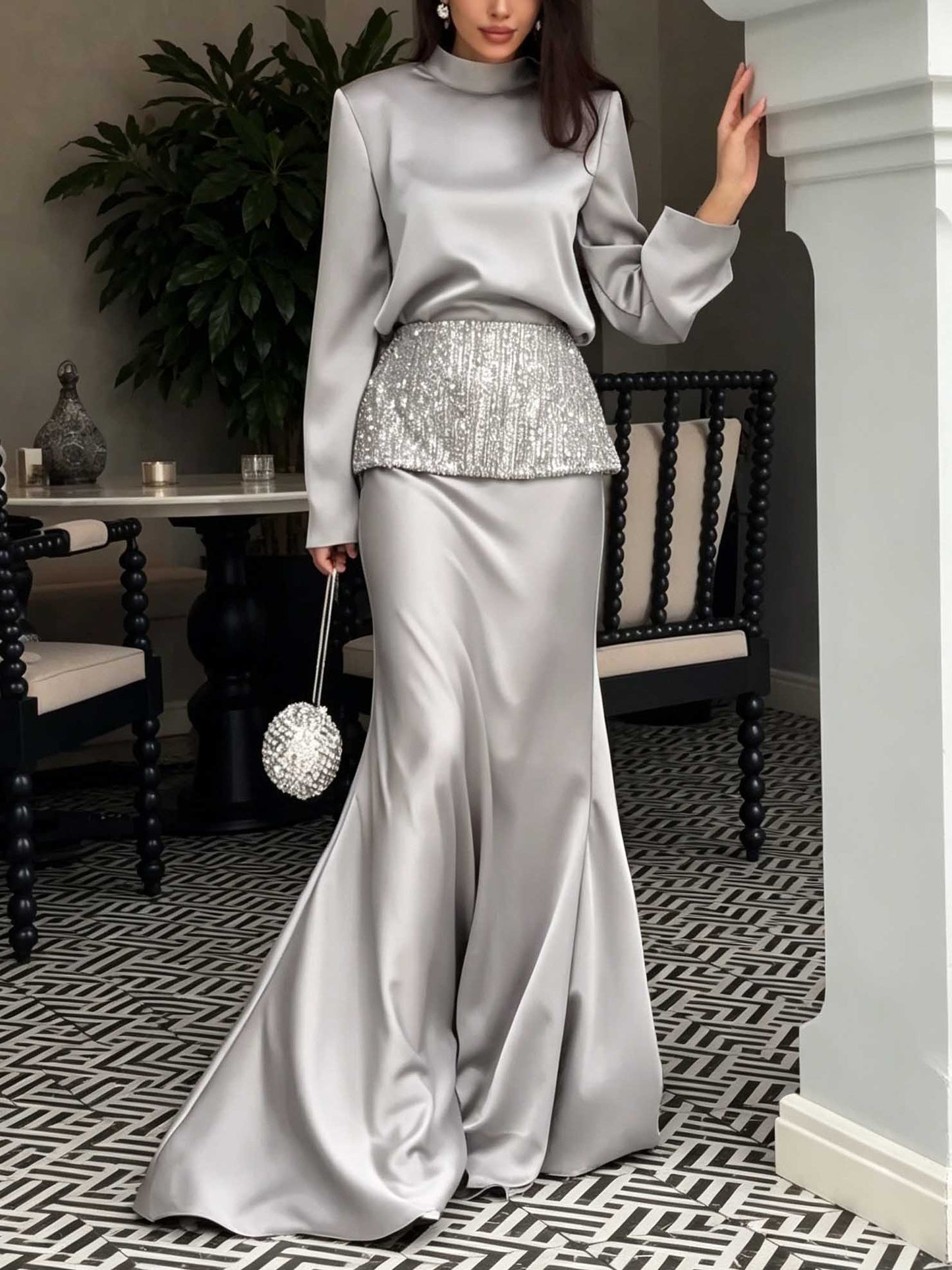 Elegant Satin Mock Neck Top & Mermaid Maxi Skirt Two-Piece Set
