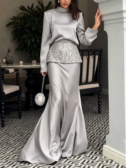 Elegant Satin Mock Neck Top & Mermaid Maxi Skirt Two-Piece Set