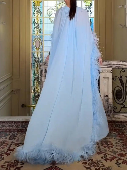 Chiffon Feather‑Trim Cape Evening Maxi Dress