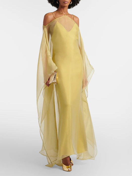 Elegant Sheer Chiffon Cape Sleeve Slip Maxi Dress
