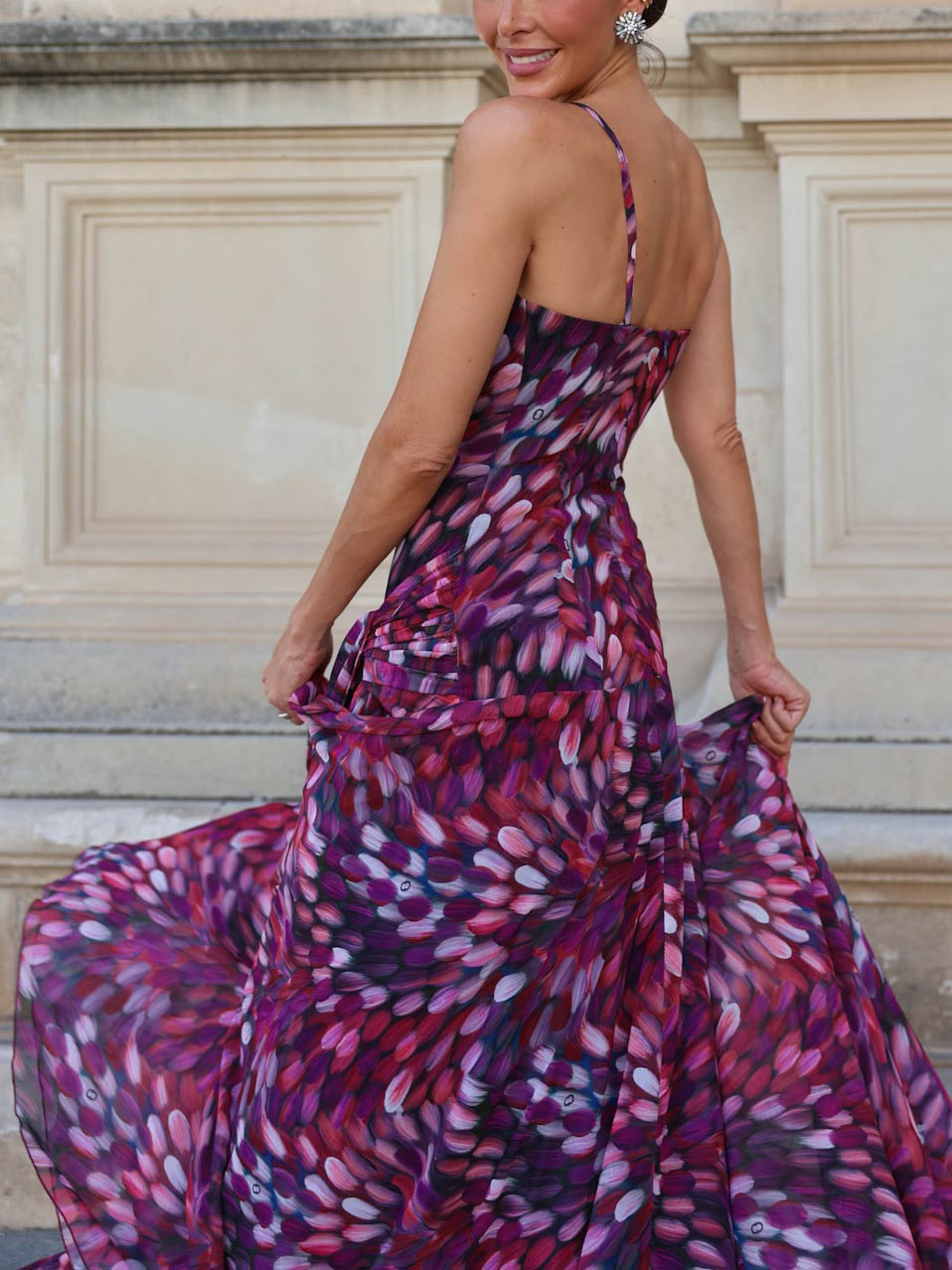 Elegant Abstract Print Ruched Spaghetti Strap Maxi Dress