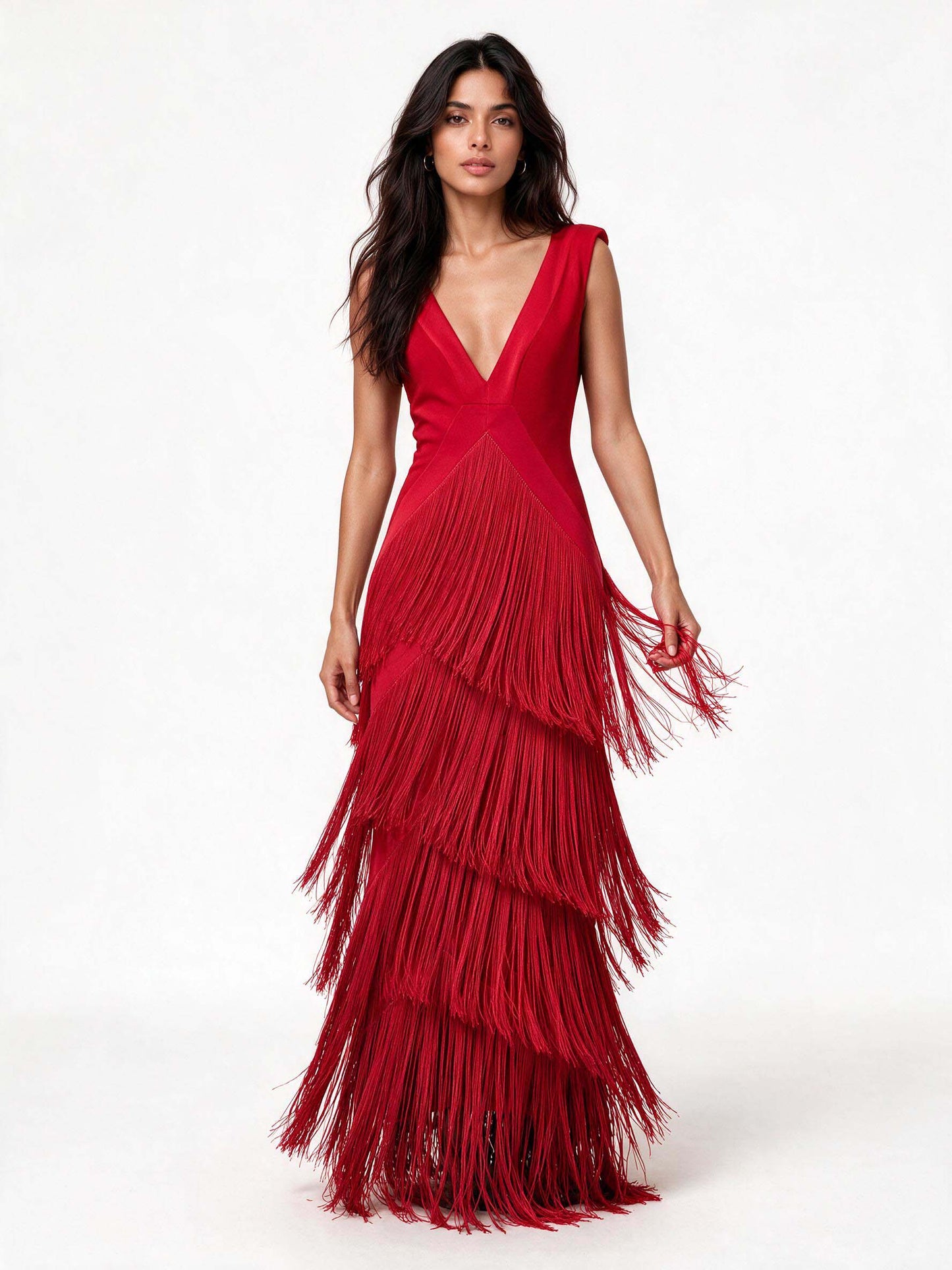 Elegant Deep V-Neck Tiered Fringe Sleeveless Maxi Dress