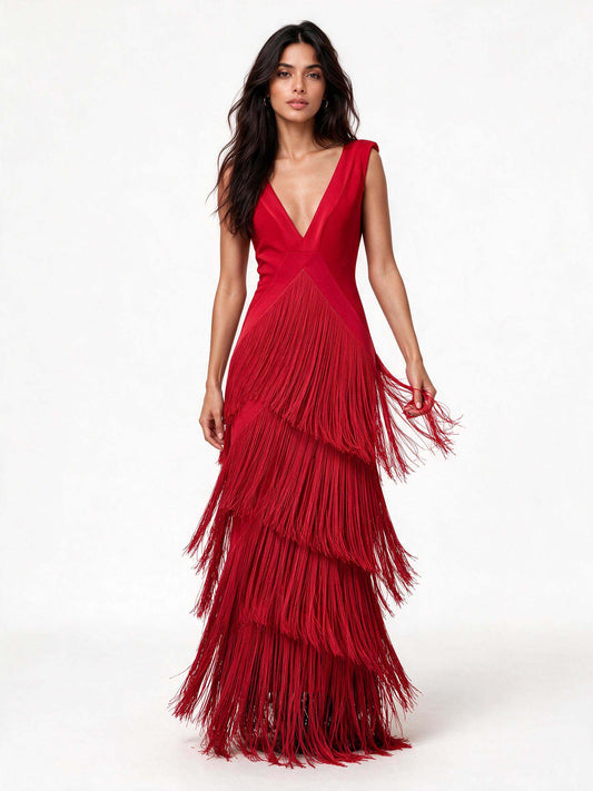 Elegant Deep V-Neck Tiered Fringe Sleeveless Maxi Dress