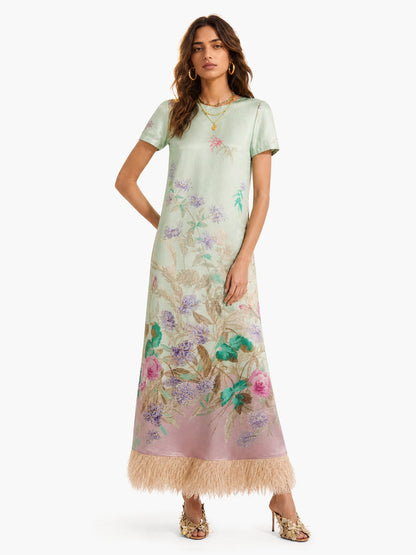Pastel Floral Print Feather Trim Maxi Dress