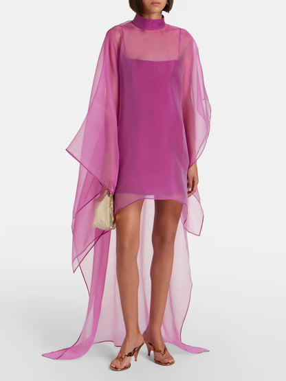 Elegant Sheer Organza Cape Mini Dress