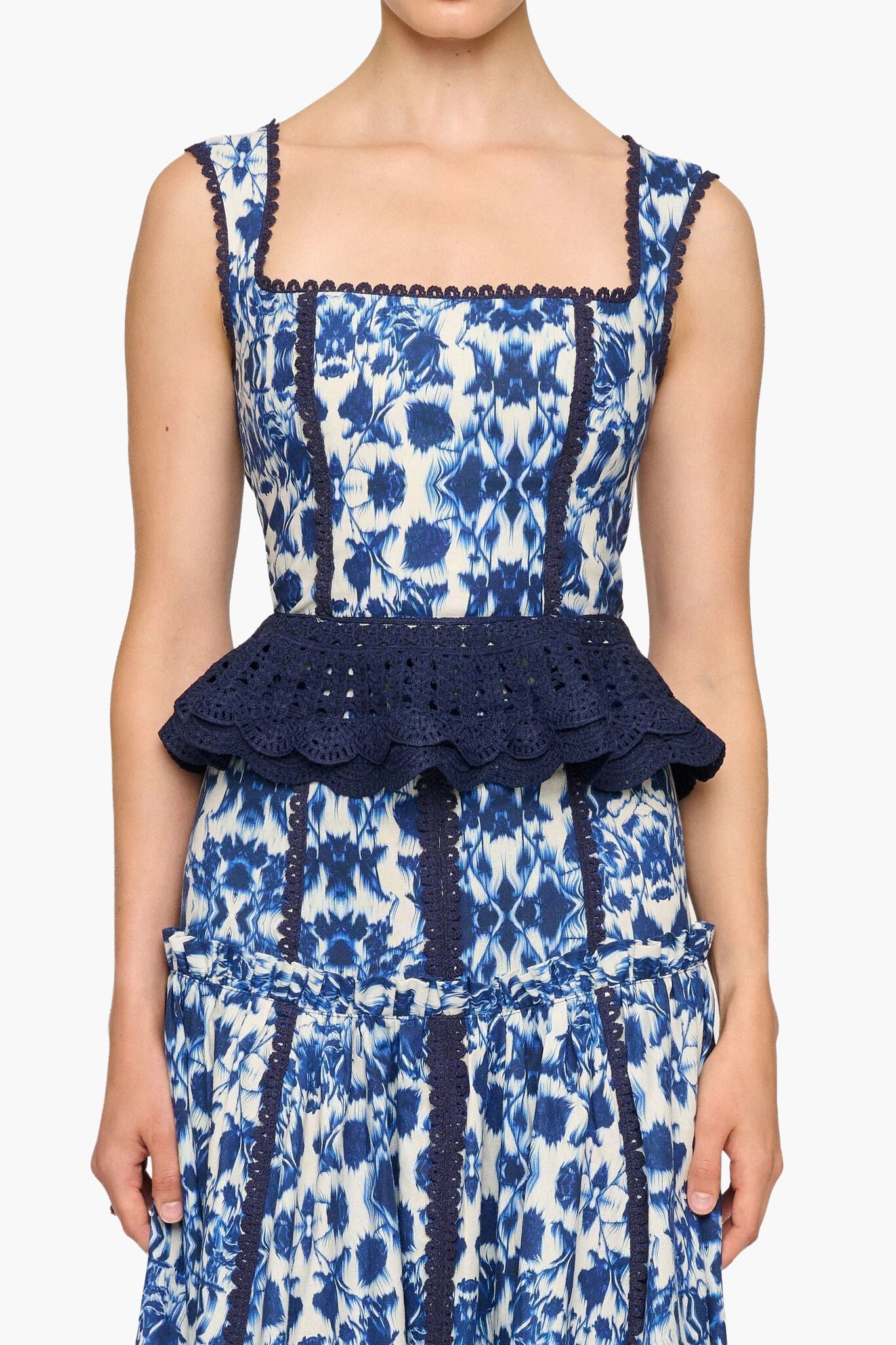 Floral Print Square Neck Peplum Lace Trim Two-Piece Set