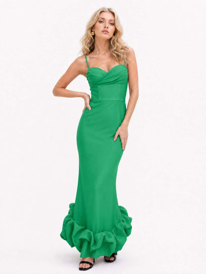 Elegant Sweetheart Ruffle Hem Satin Maxi Dress