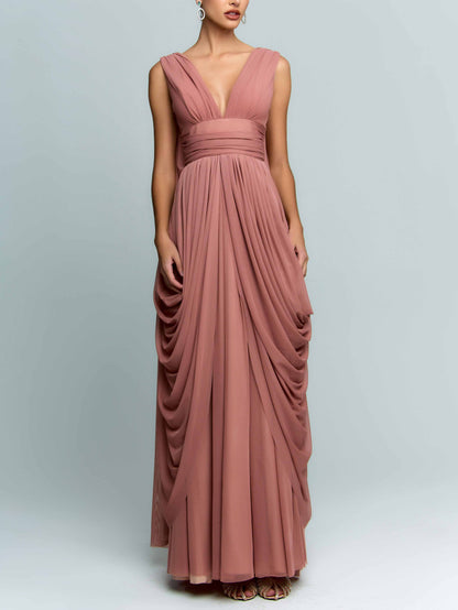 Elegant Draped Chiffon Evening Maxi Dress