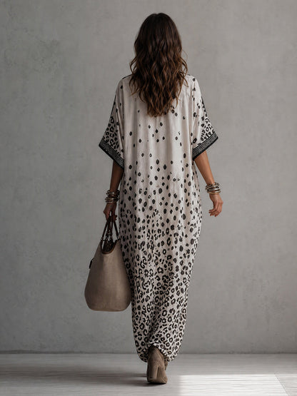 Bohemian Leopard Print V-Neck Batwing Sleeve Maxi Dress