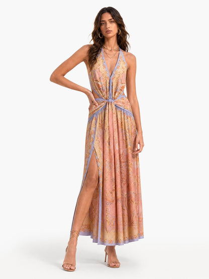 Bohemian Floral Print Deep V-Neck Maxi Dress