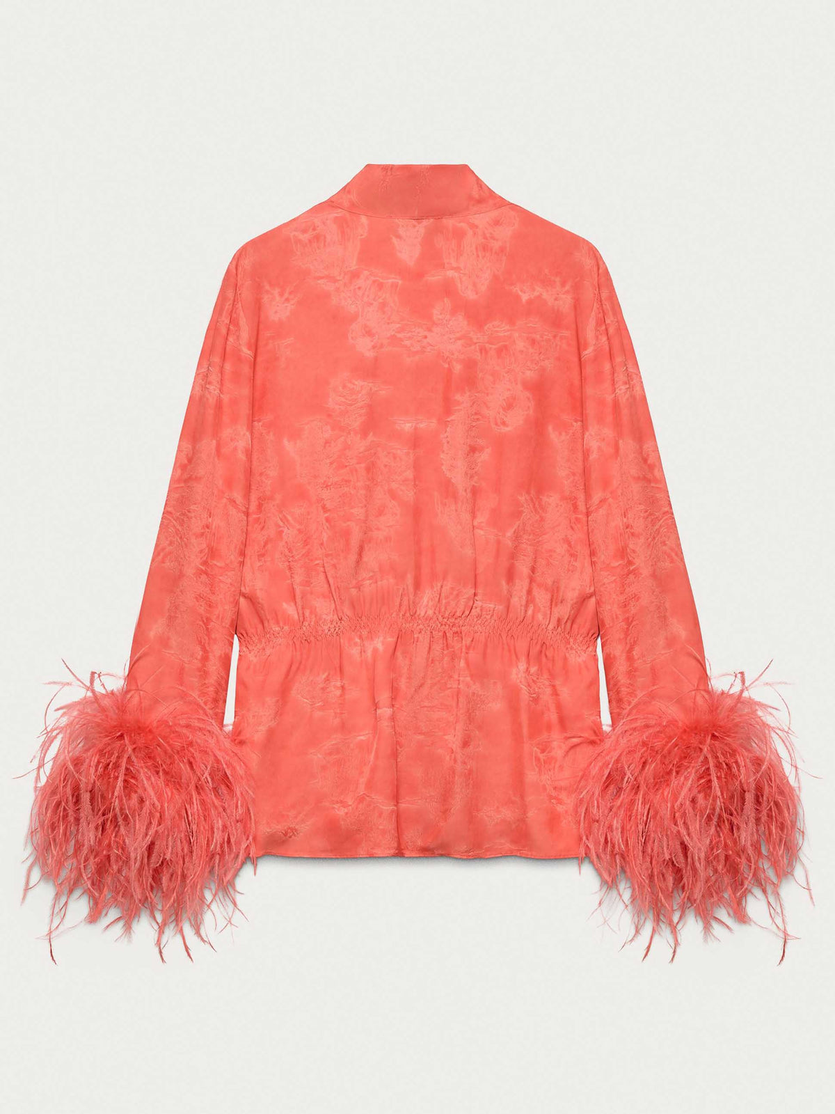 Elegant Feather Trim Jacquard Wrap Blouse & Pants Two-Piece Set