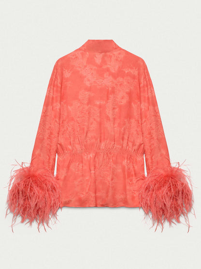 Elegant Feather Trim Jacquard Wrap Blouse & Pants Two-Piece Set