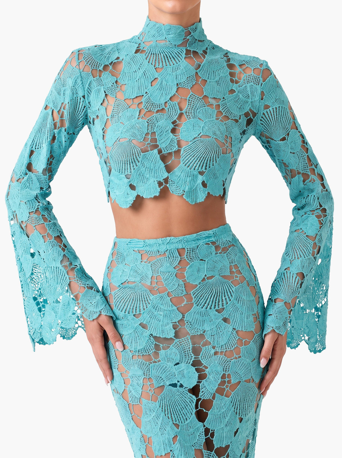 Elegant Turquoise Shell Lace Two-Piece Set