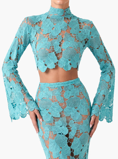 Elegant Turquoise Shell Lace Two-Piece Set