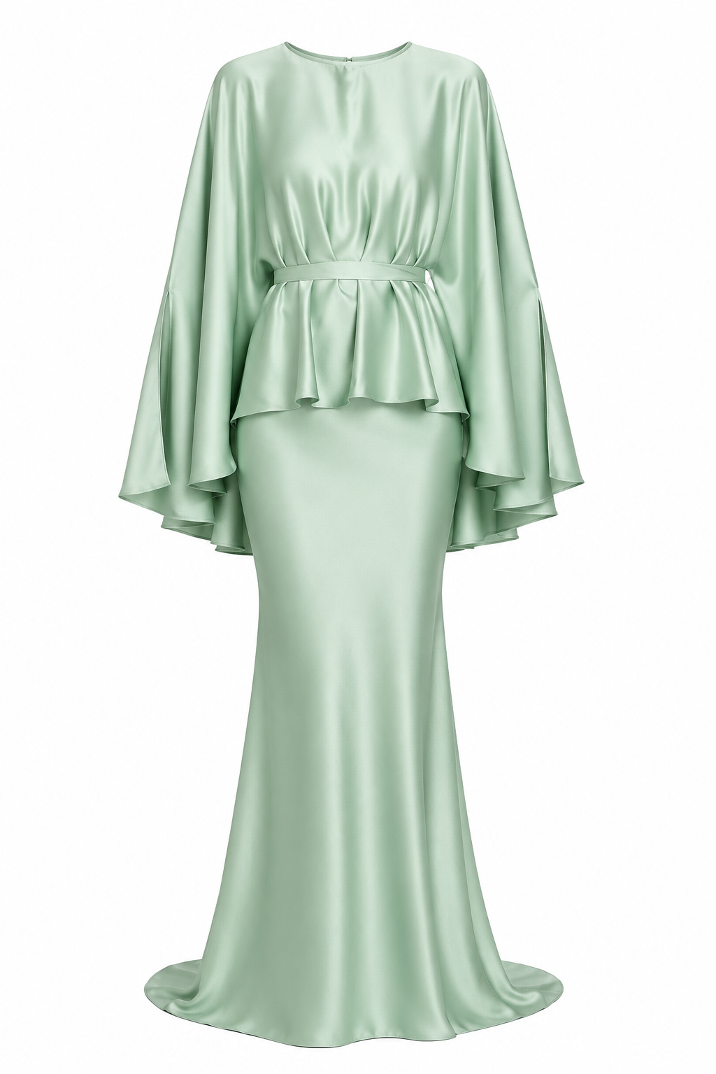 Satin Cape Sleeve Peplum Mermaid Maxi Dress Set