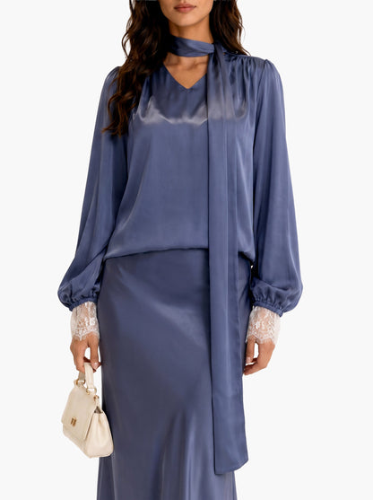 Elegant Puff Sleeve Satin Top & Lace Trim Maxi Skirt Two-Piece Set