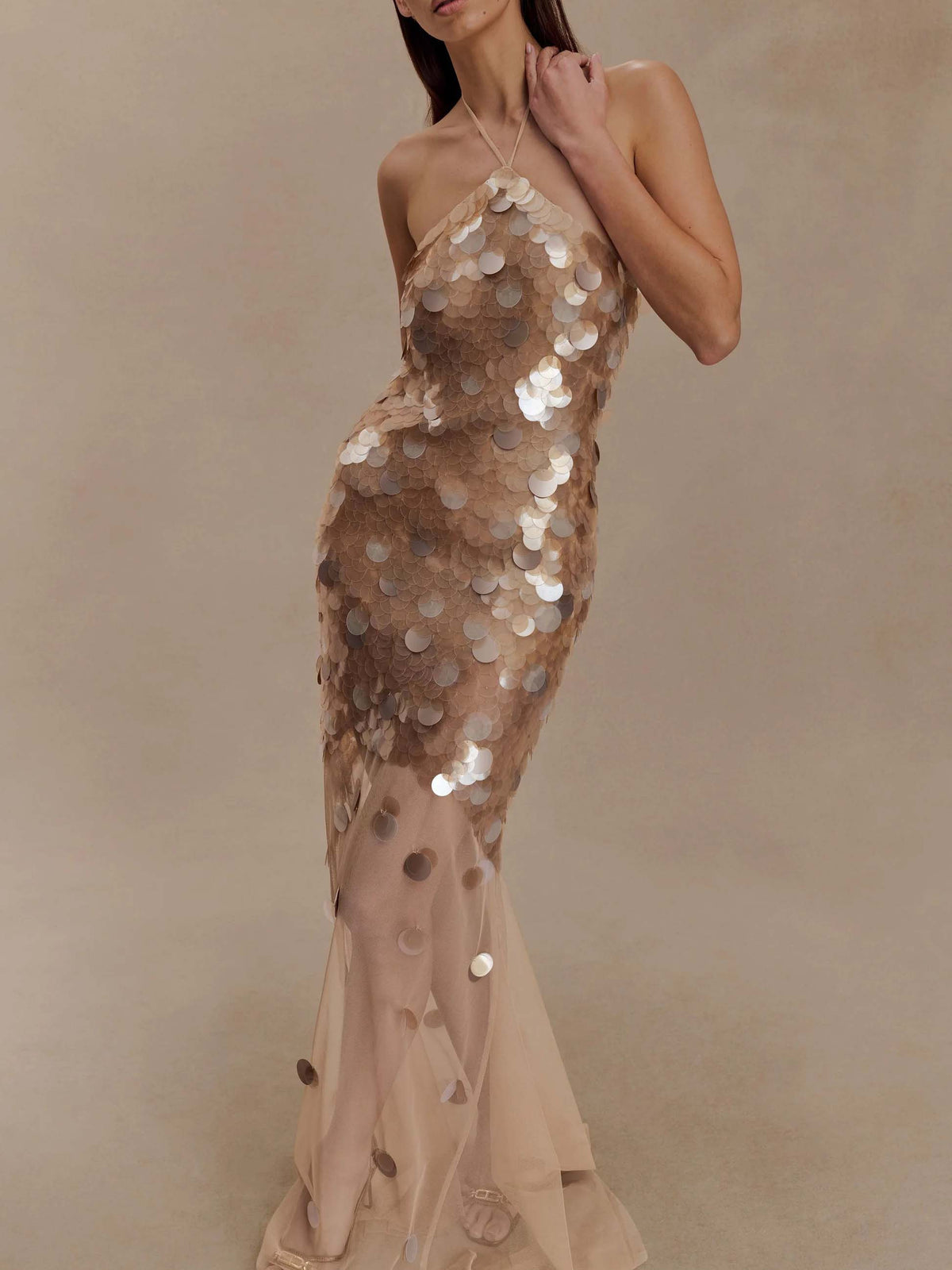 Elegant Iridescent Sequin Halter Neck Evening Maxi Dress