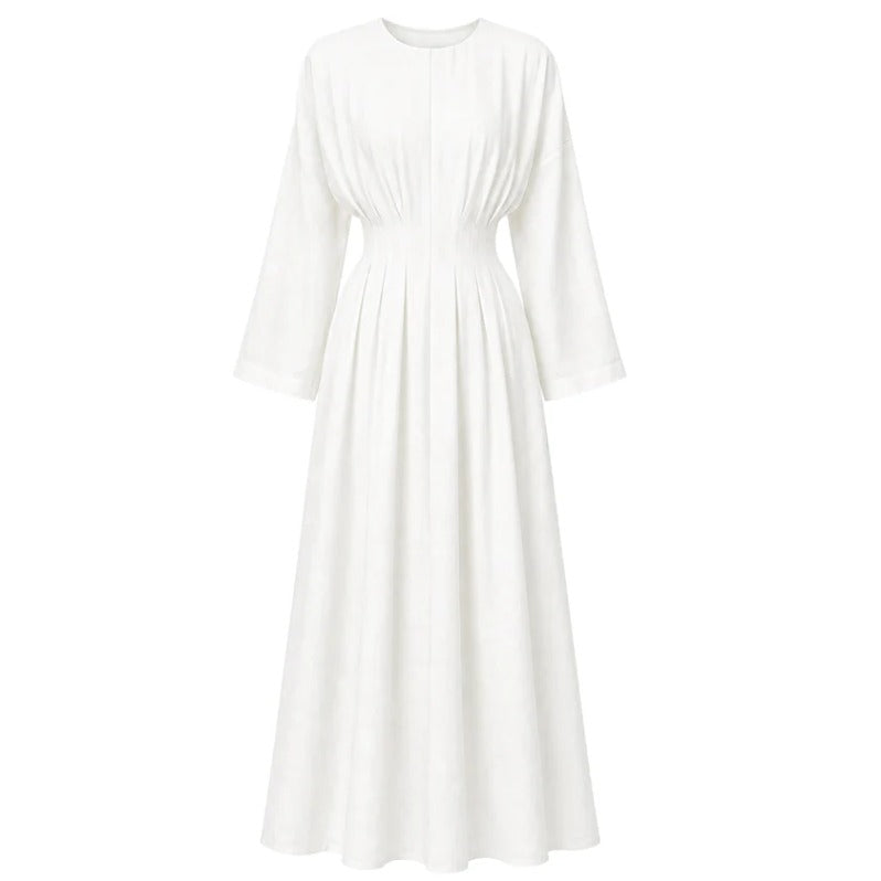 Elegant Pleated Long Sleeve Pocket Maxi Dress