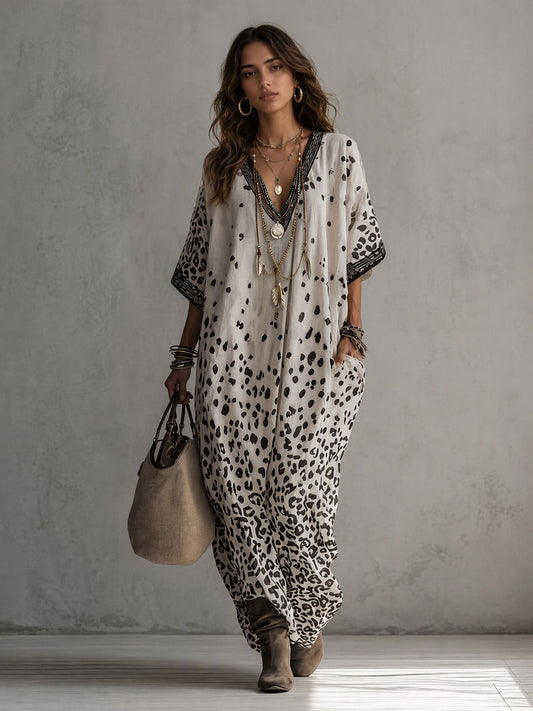 Bohemian Leopard Print V-Neck Batwing Sleeve Maxi Dress
