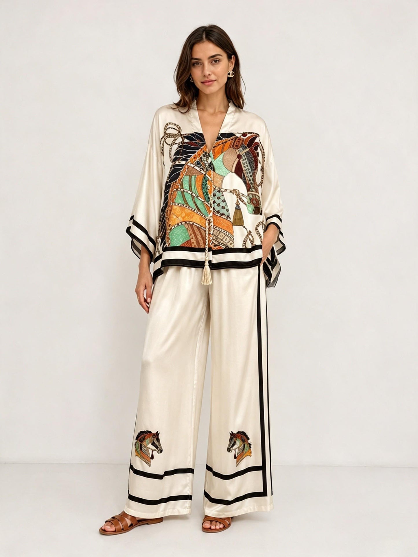 Elegant Horse Print Satin Kimono Top & Pants Two-Piece Set
