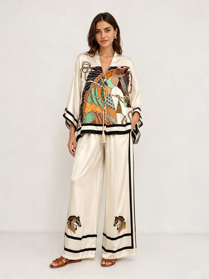 Elegant Horse Print Satin Kimono Top & Pants Two-Piece Set