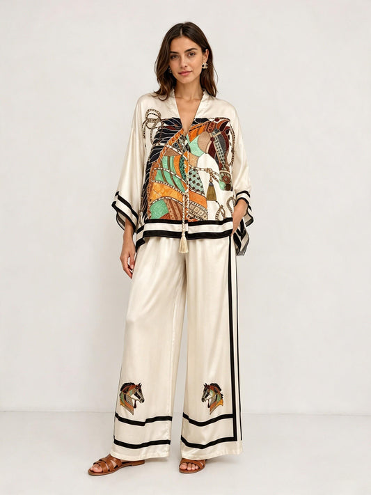 Elegant Horse Print Satin Kimono Top & Pants Two-Piece Set