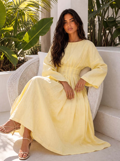 Elegant Pleated Long Sleeve Pocket Maxi Dress