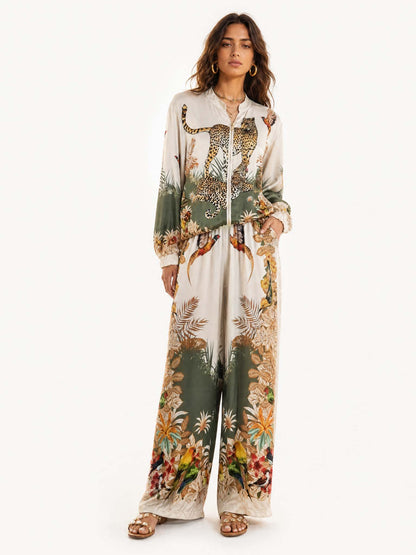 Exotic Jungle Print Zip-Up Long Sleeve Shirt
